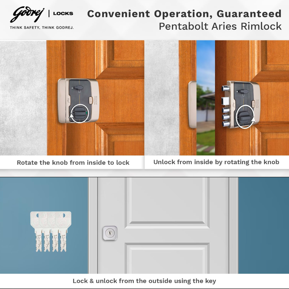 Godrej Rim Lock I Pentabolt Aries 3KS I 5 Bolts I 1CK Deadbolt I For Home Main Door I for Inside Opening Door l LeftorRight Handed Doors I 4Keys I 15-Year Warranty I Manual Locking I Vegas Gold Finish